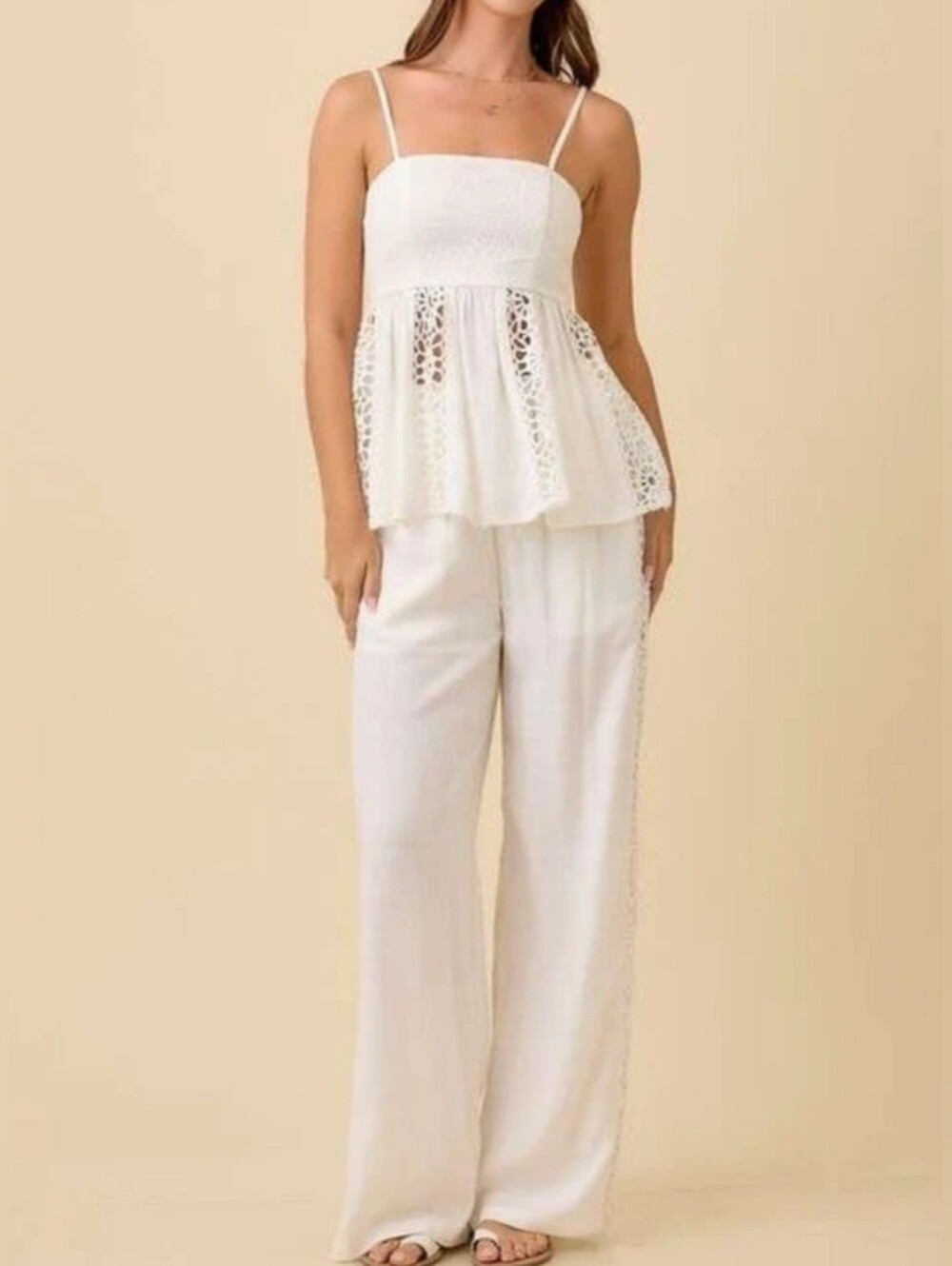#101386 🛑S,M,L Peplum Top & Wide Leg Pants w/ Crochet Lace Detail 2pc Set